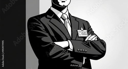 Confident Businessman with Arms Crossed in Black and White Illustration.