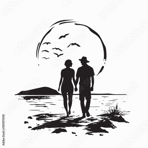 Romantic Young Couple Walking Together at Sunset Silhouette Vector Illustration