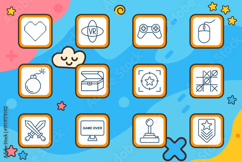 Gaming interface set icon. Pixel heart, VR headset, gamepad, mouse device, bomb, treasure chest, star target, tic tac toe grid, crossed swords, game over screen, joystick, rank badge.