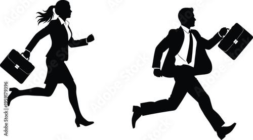 Running businessman and businesswoman silhouette with briefcase, fast career growth concept, professional corporate employees rushing to work, successful hurry business motion.