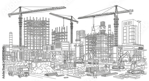 Construction Site with Cranes and Buildings Under Construction.