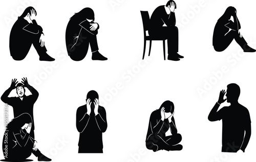 Sadness and depression silhouette collection of people feeling lonely stressed and anxious male and female characters in grief crying and sitting alone.
