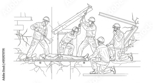 Construction Workers Raising Beams - A Detailed Line Art Illustration.