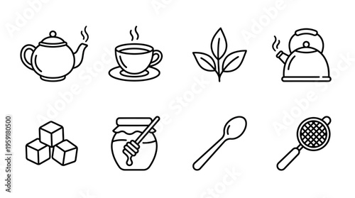 Minimalist black-and-white tea preparation icon set with teapot, cup, leaves, kettle, sugar, honey, spoon, and strainer.
