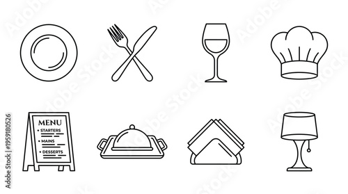 Minimalist black-and-white dining and restaurant icon set with plate, cutlery, wine glass, chef hat, menu, serving dish, napkin holder, and lamp.