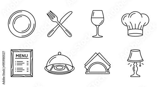 Minimalist black-and-white dining and restaurant icon set with plate, cutlery, wine glass, chef hat, menu, serving dish, napkin holder, and lamp.