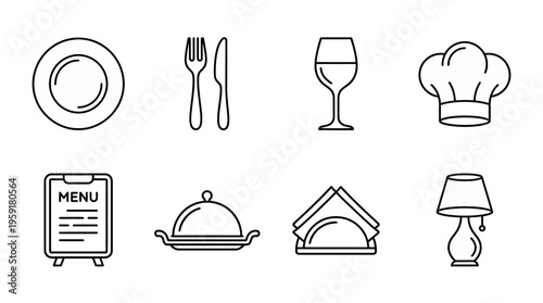 Minimalist black-and-white dining and restaurant icon set with plate, cutlery, wine glass, chef hat, menu, serving dish, napkin holder, and lamp.