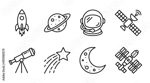 Minimalist black-and-white space exploration icon set with rocket, planet, helmet, satellite, telescope, star, moon, and station.