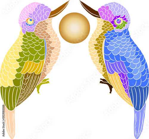 Colorful Symmetrical Hummingbird Illustration with Decorative Feather Pattern