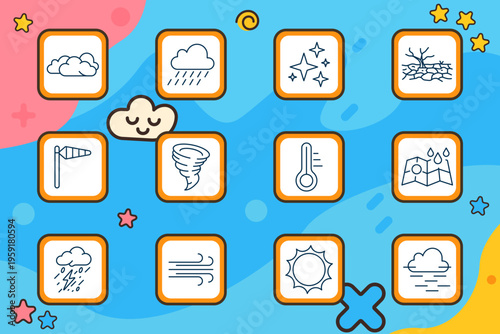 Weather forecast set icon. Cloud, rain cloud, sparkles night, cracked ground, windsock, tornado, thermometer, map rain, thunderstorm, wind lines, sun, fog cloud