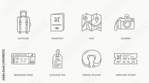 Minimalist black-and-white travel essentials icon set with suitcase, passport, map, camera, boarding pass, luggage tag, pillow, and ticket.