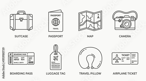 Minimalist black-and-white travel essentials icon set with suitcase, passport, map, camera, boarding pass, luggage tag, pillow, and ticket.