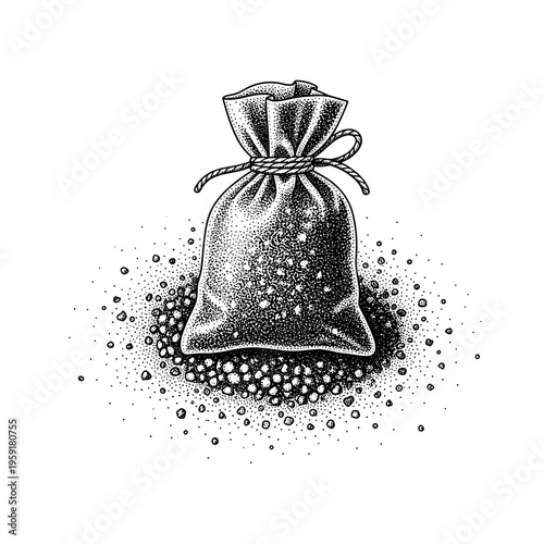 Artistic illustration of a black salt sachet isolated on a white background with detailed stippling effect and scattered granules