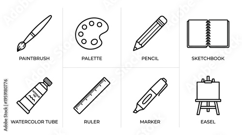 Minimalist black-and-white art supplies icon set with paintbrush, palette, pencil, sketchbook, watercolor, ruler, marker, and easel.