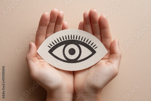 Hands holding paper eye symbol vision and observation
