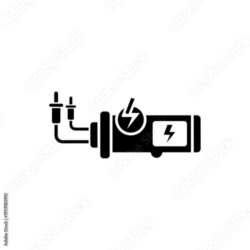 Black silhouette of a battery tester with digital display and cables, isolated on a white background