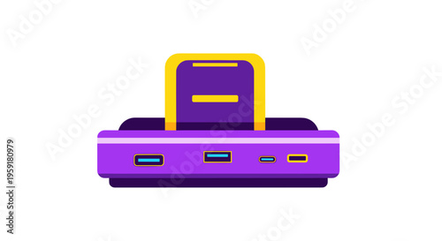 Vibrant purple and yellow docking station with multiple ports, isolated on white background, showcasing modern design and technology