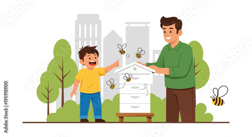Father and son learning about beekeeping in urban park with city skyline background