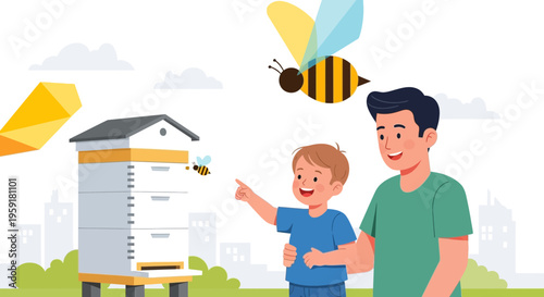 Father and son observe a beehive and flying bees in a sunny day