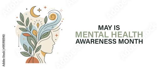 Woman side profile abstract art, May is Mental Health Awareness Month inner peace and mindfulness concept flat vector illustration banner, Mental and Psychological well-being background