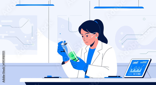 Female scientist in lab coat examining green liquid in test tube, technology background