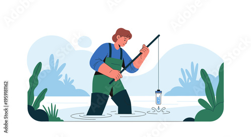 Fisherman with battery on hook symbolizing energy and resource management in nature