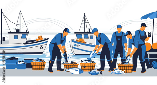 Fishermen unloading fresh fish from boats at a bustling harbor dockside market