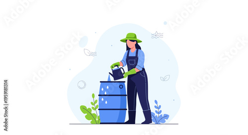 Gardener watering plants from rain barrel, sustainable gardening, eco-friendly lifestyle