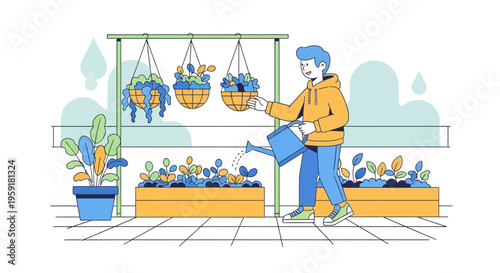 Gardener watering plants in greenhouse, hobby, urban gardening, healthy lifestyle