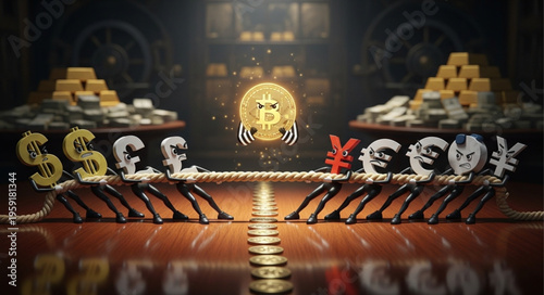 Currency Characters Tug-of-War - A Battle of Global Finance.