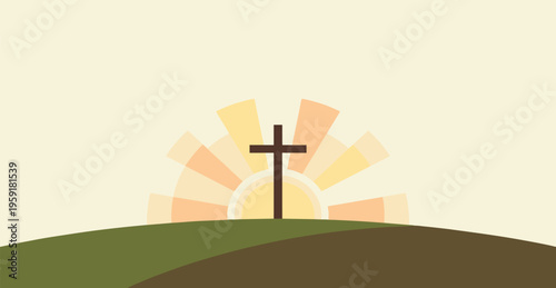 Christian Cross on Hill with Stylized Sunburst Illustration