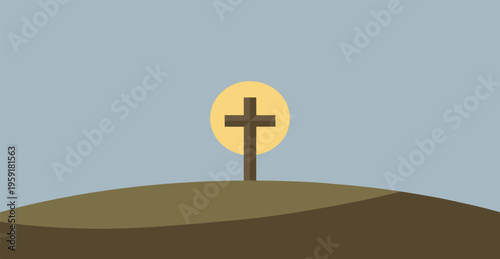 Minimalist Flat Design Illustration of a Christian Cross on a Hill with Sun Background