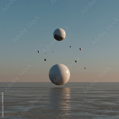 An impossible, empty landscape stretches infinitely under a silent sky. Abstract geometry floats alone, evoking deep mystery and quiet contemplation, profound, surreal, imagination