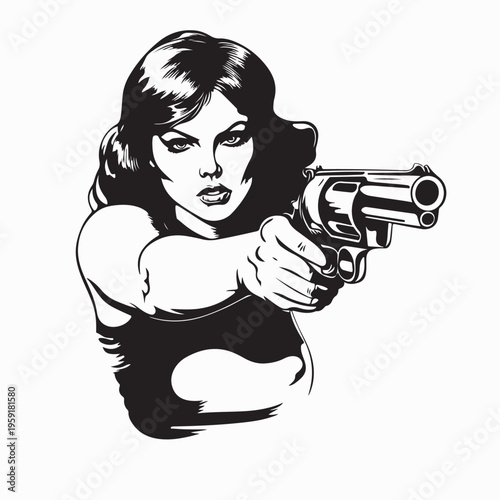 Vintage Style Woman Hunter Aims Gun Vector Poster Art