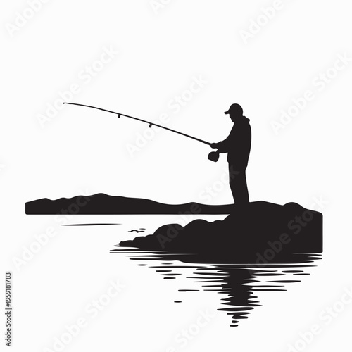 Fisherman Casting Fishing Line By The Lake Silhouette Vector