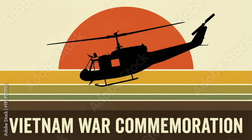 Abstract flat vector of a Huey helicopter silhouette over a sunset for Vietnam War commemoration