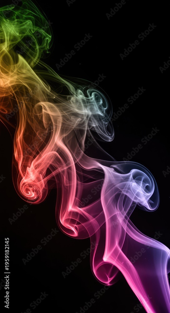 Obraz premium Dynamic colored smoke swirling on a black background creating a flowing, vibrant, and mystical abstract vapor pattern with high contrast effect, high, dark, colorful