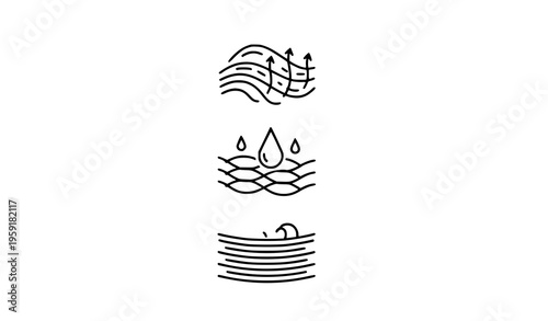 Minimal textile property icons breathable waterproof windproof in vertical wavy monochrome set