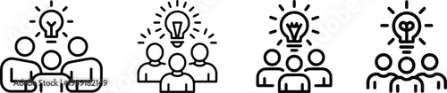 Collective Insight & Creative Community Outline Icon – Group of Three People with Light Bulb, Editable Vector Pictogram