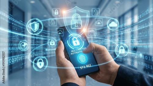 Multi factor authentication mobile phone security digital protection technology with lock shield interface fingerprint scan biometric verification secure access privacy network safety cyber security