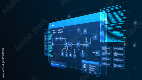 AI workflow automation artificial intelligence. ai agent network diagram dashboard machine learning architecture data pipelines, coding, data analytics panels and automation flow.