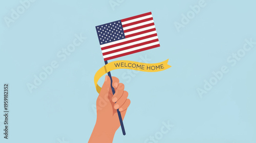 Flat vector illustration of a hand holding a small American flag with a yellow welcome home ribbon