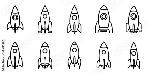 Multiple rockets are illustrated in various orientations and styles.