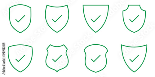 Set of four green shield icons with white check marks inside symbolizing protection security verified status and safety confirmation, Minimal Shield Checkmark Outline Icon Set. Clean Security Line 