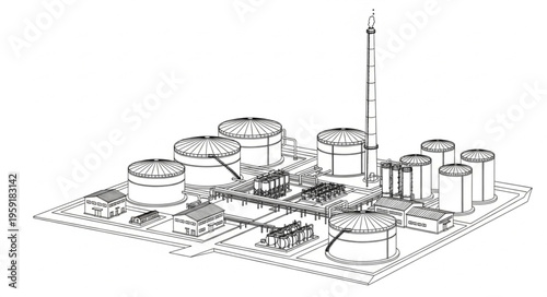 Detailed architectural drawing of an industrial complex with cylindrical structures.