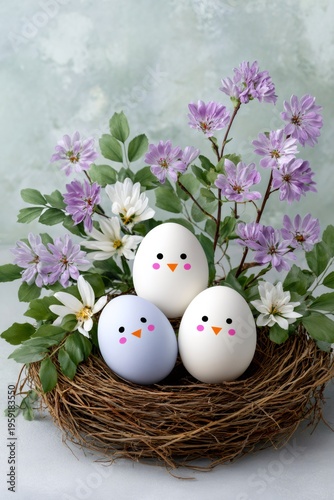 Easter eggs with chick faces in nest with spring flowers