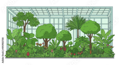 Lush Greenhouse Interior with Diverse Tropical Plants and Trees