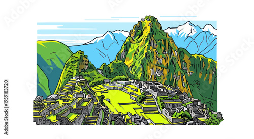 Machu Picchu Inca Citadel in Andes Mountains, Peru - Stylized Illustration