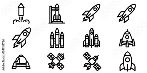 Space rockets and satellites launching into orbit around Earth from a space station.