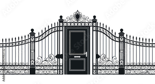 Ornate Wrought Iron Gate with Door and Decorative Scrollwork